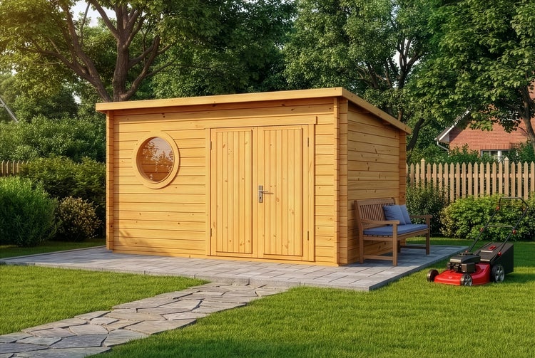 Gartenhaus aus Holz mit Flachdach, Doppeltür und Rundfenster auf einer Terrasse im Garten mit Rasenmäher und Sitzbank.