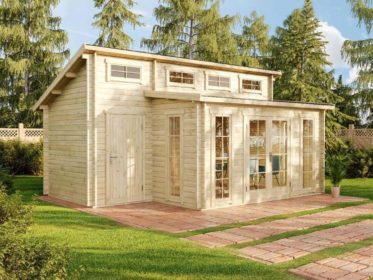 Alpholz Gartenhaus Lausitz ISO mit Anbau Gartenhaus aus Holz in natur, Holzhaus mit 40 mm Wandstärke, Blockbohlenhaus mit Montagematerial imprägniert 5,7x4,2m