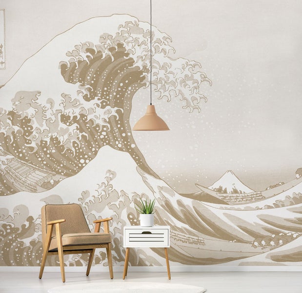 Raum mit Fototapete, Stuhl, Beistelltisch und Hängelampe