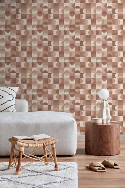 ESTAhome Tapete Kreise im Bauhaus-Stil Beige, Braun und Hellrosa - 50 x 900 cm - 131242