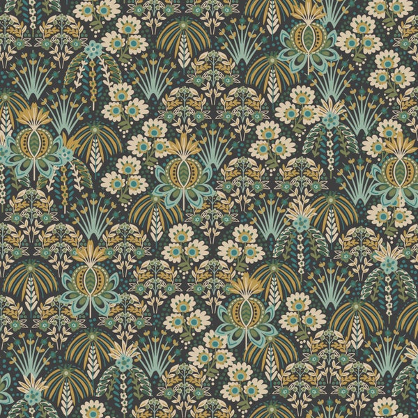 ESTAhome Tapete Blumenmuster im Jugendstil Graugrün, Blau und Beige - 50 x 900 cm - 130994