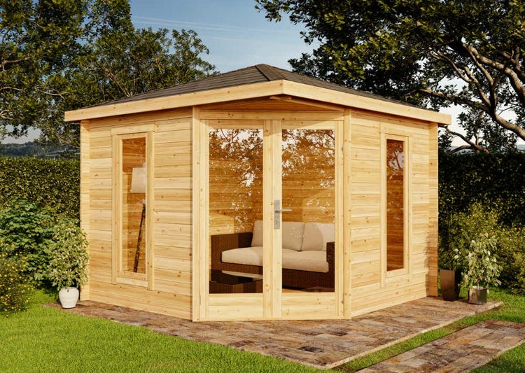 Alpholz 5-Eck Gartenhaus Liwa Compact Gartenhaus aus Holz in Pinie, Holzhaus mit 28 mm Wandstärke, Blockbohlenhaus mit Montagematerial imprägniert 3x3m