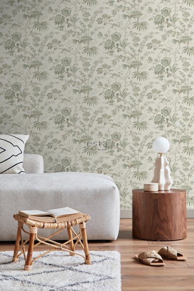 ESTAhome Tapete Blumenmuster Creme-Beige und Graugrün - 53 cm x 10.05 m - 139400