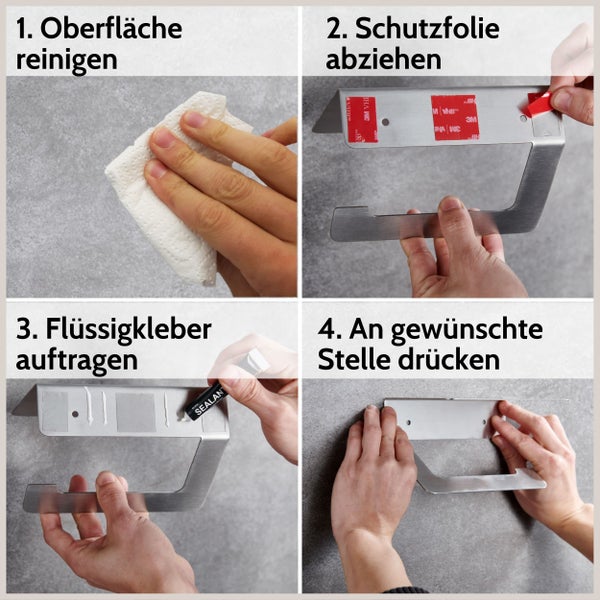 Vierstufige Montageanleitung für ein Badzubehör aus Edelstahl: Oberfläche reinigen, Schutzfolie abziehen, Kleber auftragen und an die Wand drücken.