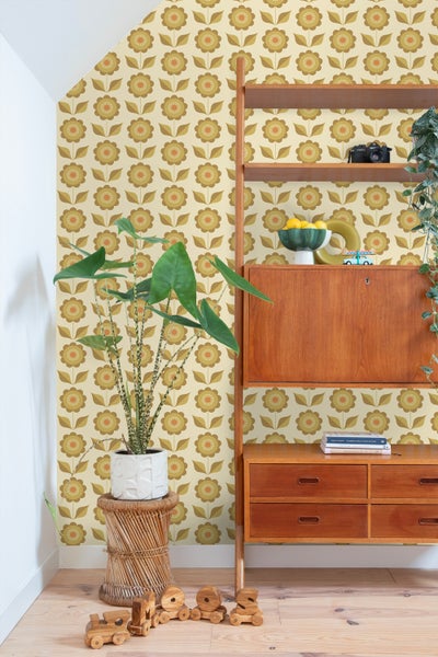 ESTAhome Tapete Blumen Olivgrün und Ockergelb - 50 x 900 cm - 130978