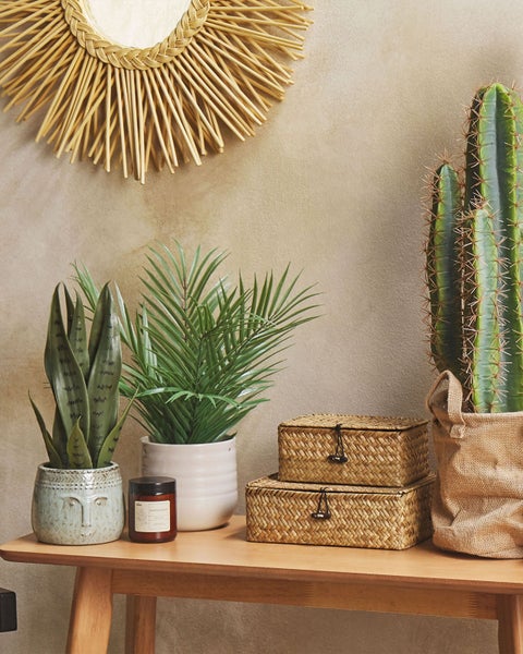 Dekoratives Arrangement mit Spiegel, Pflanzen, Schachteln und Kerze auf einem Tisch