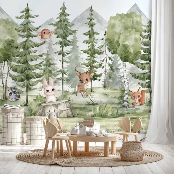 Kindertapete Tannen­wald mit Tieren 150 x 280 cm