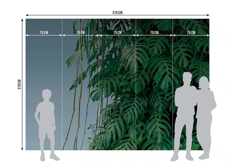 Fototapete mit grünem Blättermotiv, Breite 375 Zentimeter, Höhe 270 Zentimeter, fünf Bahnen von jeweils 75 Zentimeter, Silhouetten zum Größenvergleich.