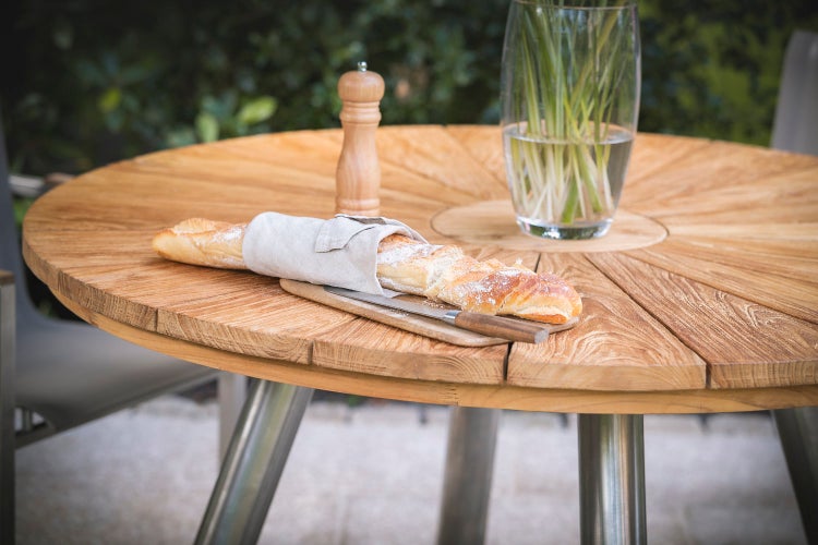 Gartentisch Teakholz Edelstahl rund 130 cm modern premium für Garten Terrasse