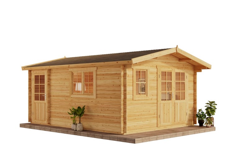 Holzgartenhaus mit Fenstern und Türen