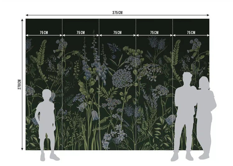 Fototapete mit Blumenmuster auf dunklem Hintergrund, 375 mal 270 Zentimeter, fünf Bahnen à 75 Zentimeter, mit Silhouetten zum Größenvergleich.