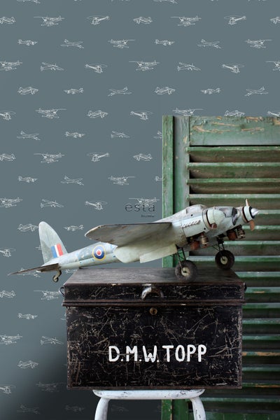 Dekorative Flugzeugtapete mit Flugzeugmodell und Vintage-Koffer