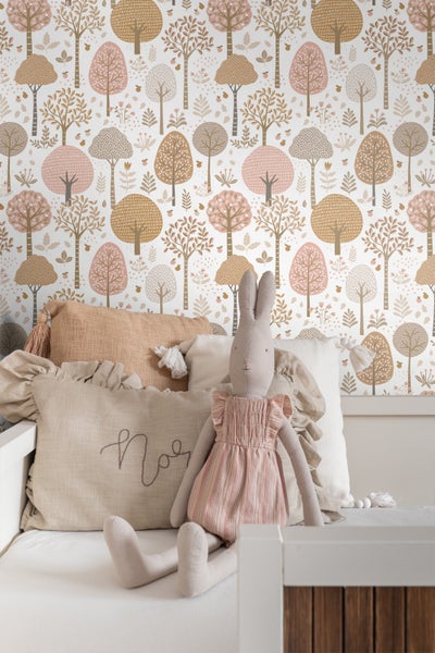 ESTAhome Tapete bewaldete Landschaft Rosa, Braun und Weiß - 50 x 900 cm - 139799