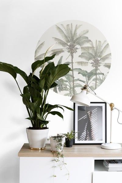 Dekorative Szene mit Zimmerpflanzen, Lampe und Wandbild mit Palmenmotiv auf einem Tisch.