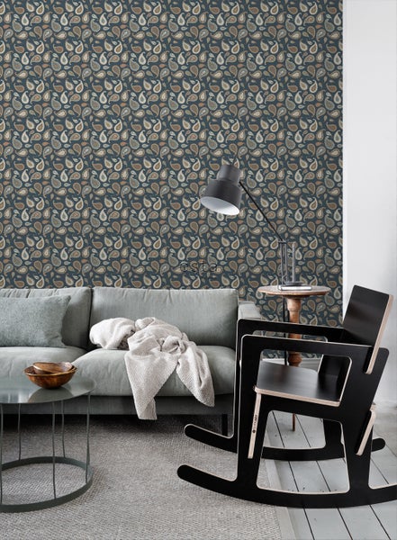 ESTAhome Tapete Paisley-Muster Dunkelblau, Beige und Mintgrün - 50 x 900 cm - 139285