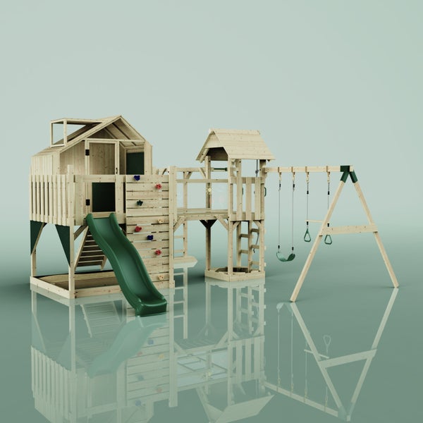 Spielplatzanlage aus Holz mit Rutsche, Schaukel und Kletterwand für den Außenbereich