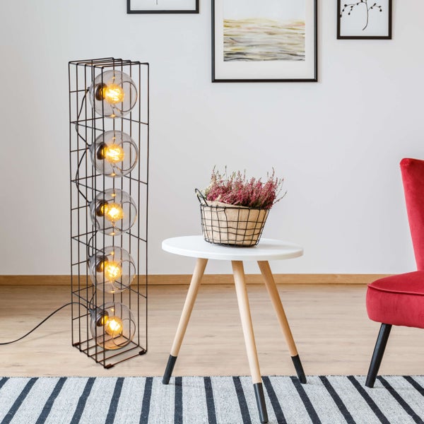 Glas-Stehleuchte CESTA Stehlampe aus schwarzem Metalldraht und getöntem Glas, mit E27-Fassung, 95 cm hoch, für Esszimmer, Wohnzimmer, Diele oder Büro,