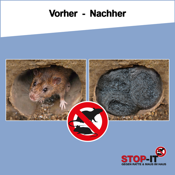 Vorher-Nachher-Vergleich einer Ratte in einem Loch und der Verschluss des Lochs mit Stahlwolle zur Abwehr von Nagetieren.