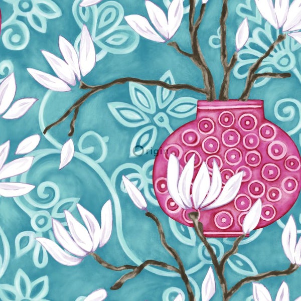 Origin Wallcoverings Tapete Magnolie Türkis und Rosa - 53 cm x 10.05 m - 346925