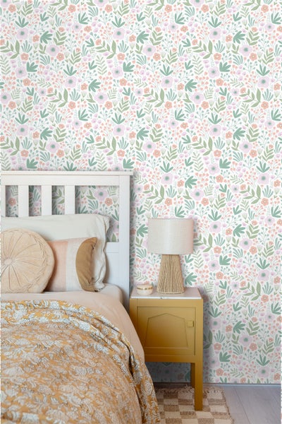 ESTAhome Tapete Blumen Grün, Orange und Violett - 50 x 900 cm - 131064