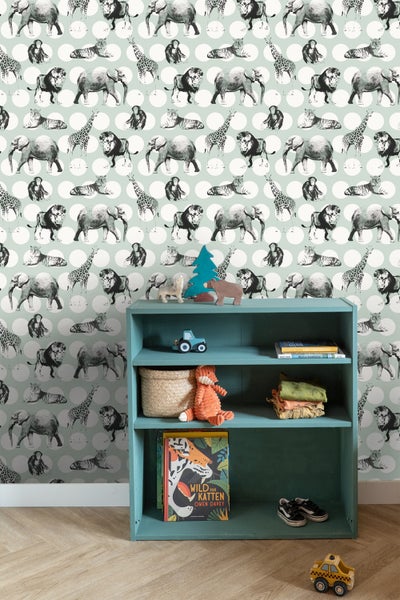 ESTAhome Tapete Tiere auf großen Punkten Mintgrün und Schwarz - 53 cm x 10.05 m - 128713