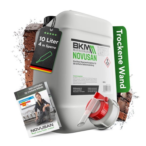 BKM Mannesmann Novusan Mauerwerksinjektion gegen aufsteigende Feuchtigkeit, 10 Liter Kanister inklusive Anwendungsleitfaden und Injektionsdüse.