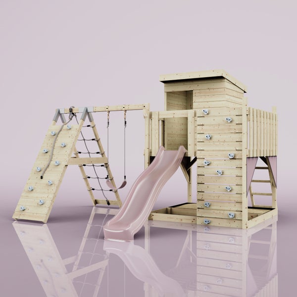 Spielturm aus Holz mit Rutsche, Schaukel, Kletterwand und Kletterseil für Kinder.