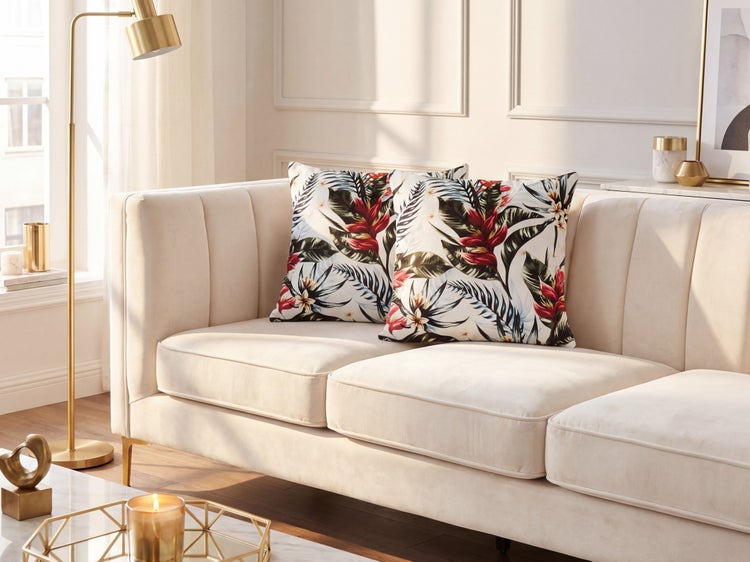 Modernes helles Wohnzimmer mit Samtsofa, zwei Zierkissen mit tropischem Blumenmuster, goldener Stehleuchte und dekorativen Wandleisten.