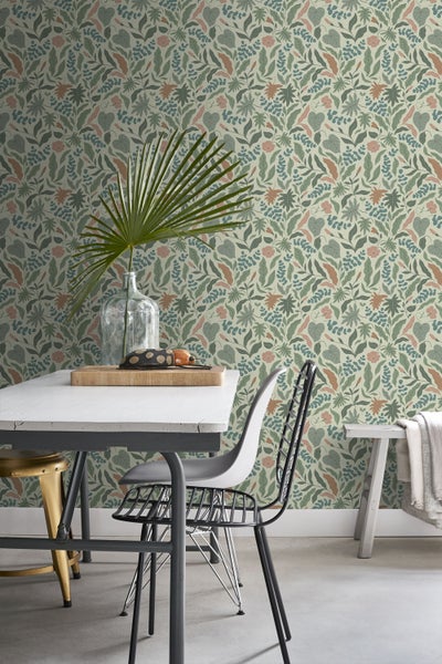 ESTAhome Tapete Blätter und Blumen Dunkelgrün, Blau und Rosa - 50 x 900 cm - 131053