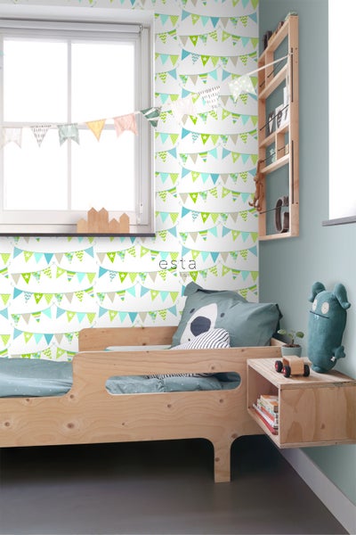 ESTAhome Tapete Girlande Türkis, Lindgrün und Beige - 53 cm x 10.05 m - 138719