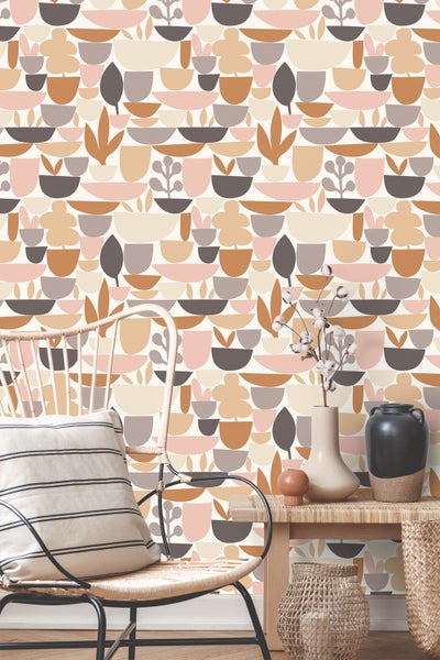 ESTAhome Tapete Keramik und Pflanzen Braun und Rosa - 50 x 900 cm - 131074