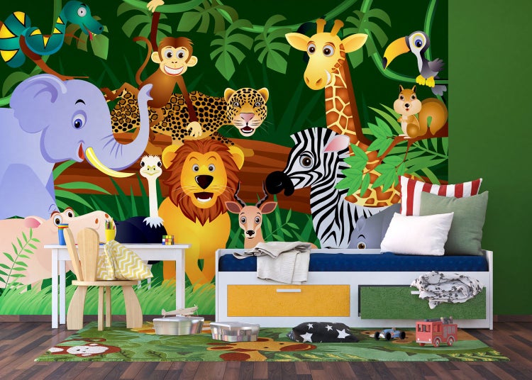Kinderzimmer mit Tiermotivtapete und passendem Teppich