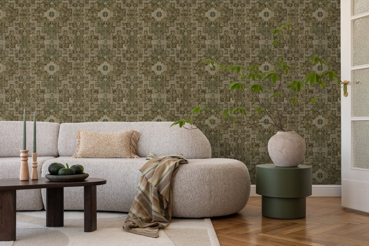 ESTAhome Tapete orientalisches Kelim-Patchwork Olivgrün - 50 x 900 cm - 131359