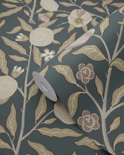 ESTAhome Tapete exotischen Früchten und Blättern Dunkelblau und Taupe - 50 x 900 cm - 131173