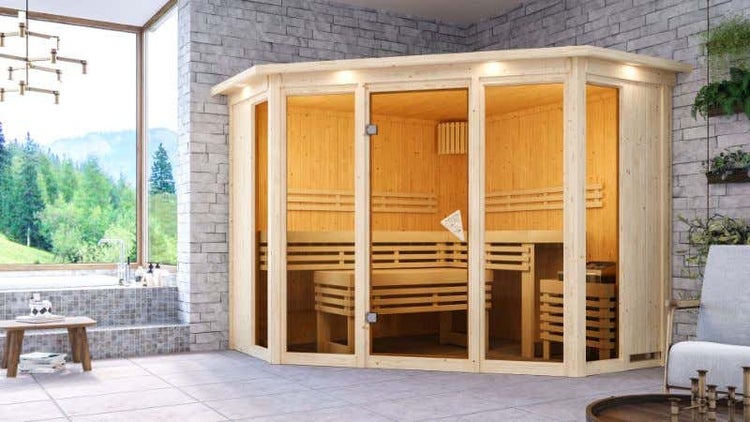 Karibu Innensauna Alcinda 2 Ganzglas Innensauna 3 Sitzbänke aus Holz , Saunakabine mit 68 mm Wandstärke, Infrarotsauna mit Montagematerial