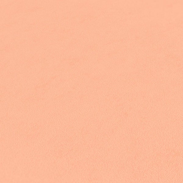 Esszimmer mit Holztisch und Stühlen vor korallenroter Wand