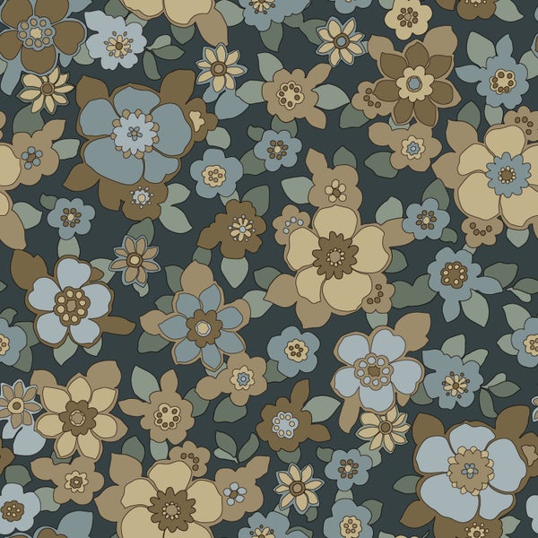 ESTAhome Tapete Retro Blumen Dunkelblau - 50 x 900 cm - 131527