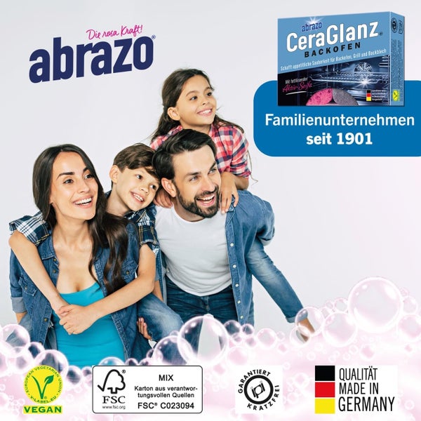 abrazo Logo, CeraGlanz Backofenreiniger mit Reinigungsschwämmen, Familienbild, Siegel für vegan, FSC Mix, kratzfrei und deutsche Qualität.