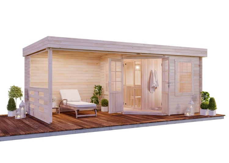 Modernes Gartenhaus aus hellem Holz mit integrierter Sauna, offener Terrasse und Flachdach in heller, organisierter Optik.