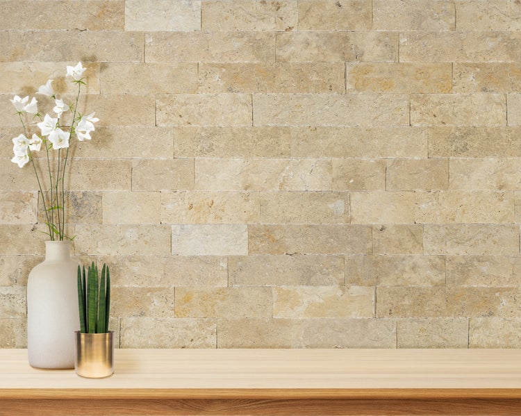 Wohnrausch Wandverblender Naturstein Travertin Splitface RUSTIC 10 cm hoch, 1 qm, beige, gelb, gold