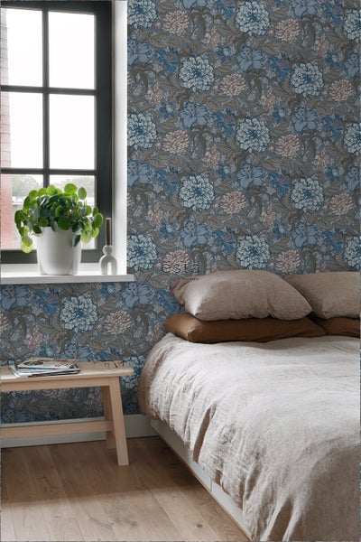 ESTAhome Tapete Blumenmuster Graublau und Grau - 53 cm x 10.05 m - 139480