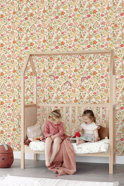 ESTAhome Tapete Blumen Rosa, Grün, Gelb und Orange - 50 x 900 cm - 131326