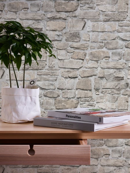 Wandgestaltung mit Steinoptik, Tisch mit Pflanze und Bücher