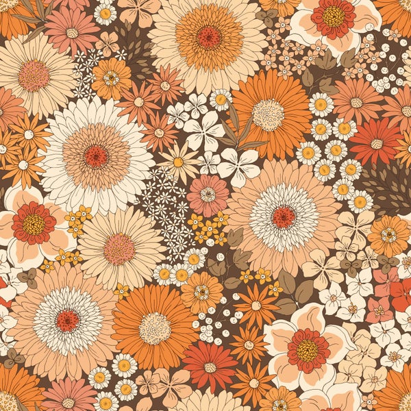 ESTAhome Tapete Retro Blumen Orange und Terrakottarosa - 50 x 900 cm - 131318