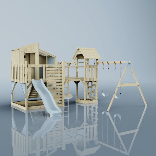 Spielplatz mit Spielhaus, Rutsche, Kletterwand und Schaukel