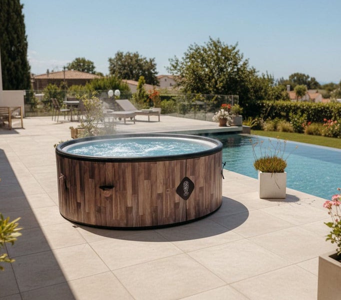 Runder Whirlpool in Holzoptik auf einer hellen Fliesenterrasse neben einem Swimmingpool im Garten.