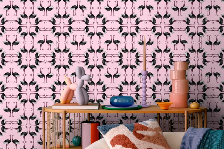 Walls4You Tapete Flamingos Babyrosa und Schwarz - 53 cm x 10 m - 640121