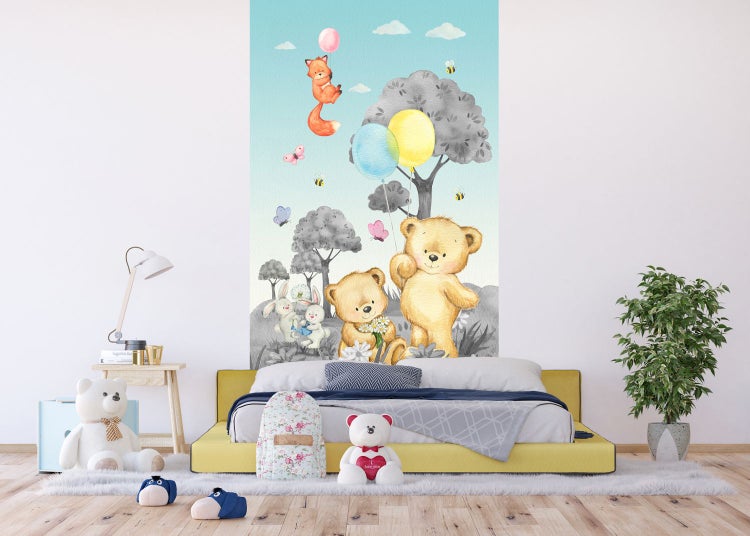 Kinderzimmer mit Bären Wald Wandbild über dem Bett