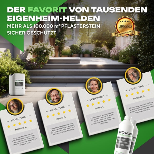 Werbegrafik für NovuShield Pflaster- und Betonimprägnierung mit Kundenbewertungen und einer gepflegten Terrasse mit Steintreppen und Pflanzen.