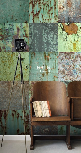 ESTAhome XXL-Vliestapete Patchwork rostige verwitterte Metallplatten Meeresgrün und Braun - 50 x 900 cm - 158203